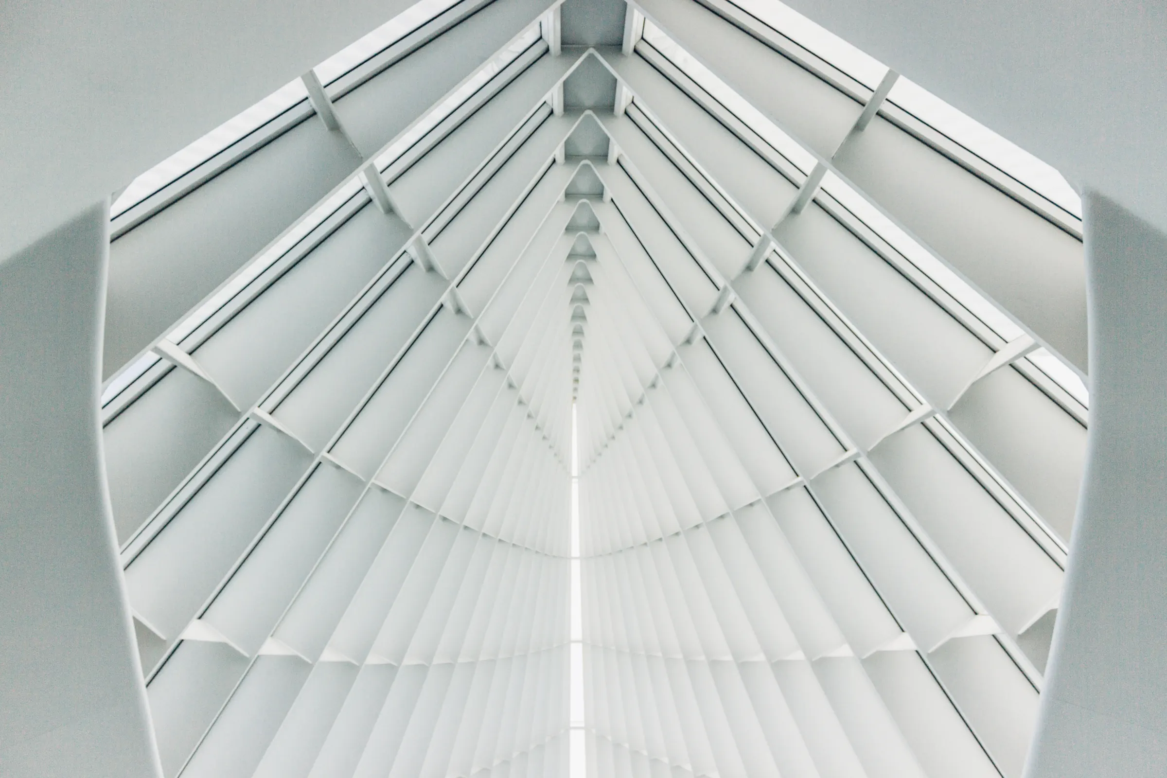 White structural ribs of a long glass roof.