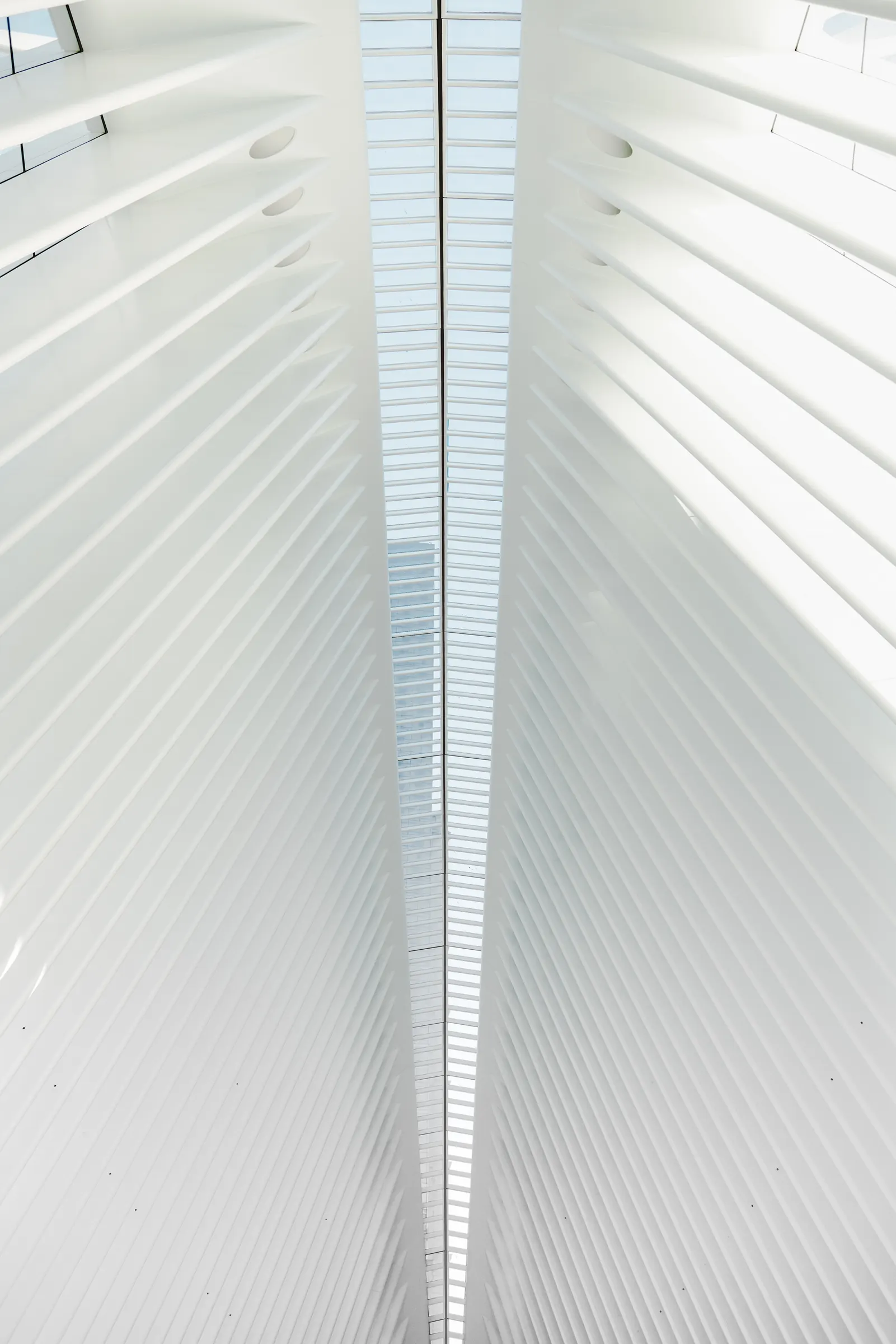 A white ribbed vault receding to a bright skylight.